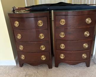 Pair of small 4 drawer bachelor chest, 3 antique umbrellas
