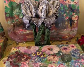 Anita Ambrose hand painted box, tray and Avatar Pottery Iris
