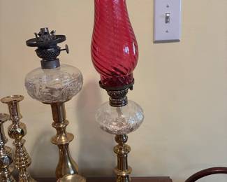 19th c. kerosene oil lamps, engraved fonts, mouth blown ruby chimney
