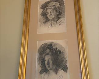 Framed 19th c pencil drawings