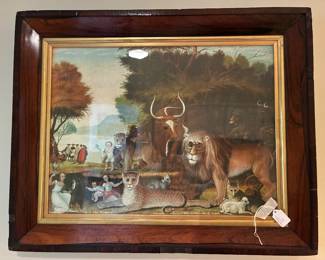 Old Framed Hicks " Peaceable Kingdom " print, mouth blown glass