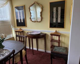 Antique folding top game table, framed Chinese embroideries, Chinese table