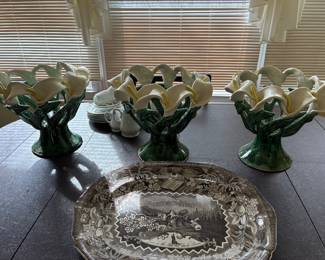 Antique 19th c. large "Millenium" Platter, Avatar Cala lily bowls