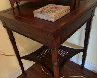 Vintage square table with rattan shelf