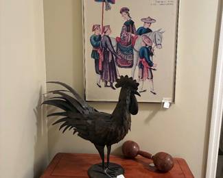 Wonderful metal rooster, antique wooden dumbbell, framed poster
