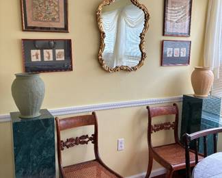 Framed Chinese embroideries, Chinese watercolors, pedestals, chairs, Vases