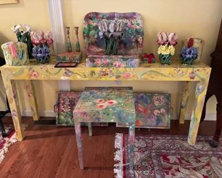 Anita Ambrose painted console table, Boxes, Candlesticks, Trays and Avatar Pottery