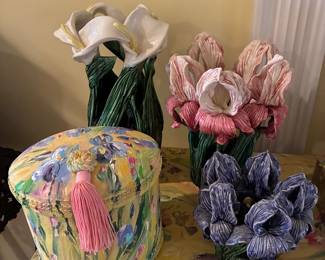 Anita Ambrose painted fabric box and Avatar Pottery Iris, Calla lily