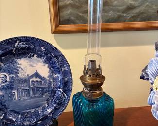 Sm antique turquoise mouth blown kerosene lamp