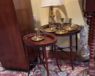 Two bamboo style legg oval tables, two sizes, pushup brass candleholders