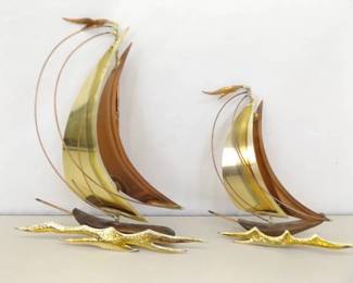 Vintage Mid Century Brass and Copper Sailboat Hanging Wall Art