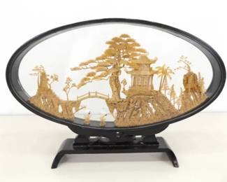 Vintage 9.75" Tall Asian Balsa Wood Carving Temple Scene in Glass