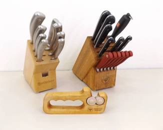 Lot of 19 WÜSTHOF Knives (3 sets), 3 WÜSTHOF Sharpeners and 2 WÜSTHOF Wood Block Holders