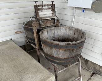 2 Vernor Half Barrels and Wringer Washing Bench. Maker marks on the Washing Bench include: Globe; Hartford Folding Bench; and Lovell Mfg & Co, Erie, PA, USA