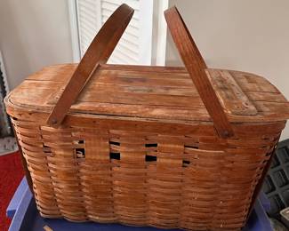 Vintage Woven Wood Picnic Basket with Hinged Lid and Two Swing Handles from the 1950s.