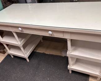 White Wood Desk with Glass Top, 4 0pen Shelves and 1 Center Drawer