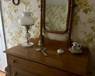Antique Victorian Oak Three Drawer Dresser, Tilting Swing Mirror on top.