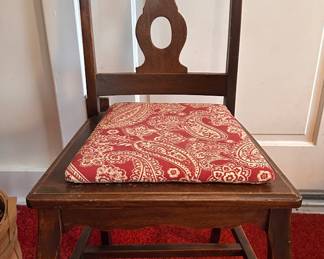 Straight Back Wood Chair with Red Paisley Cushion