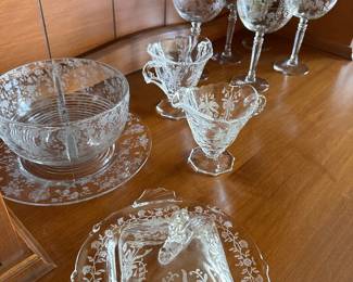 Vintage Etched Glassware - Produced by Heisey in Newark, Ohio. Orchid Pattern was introduced in 1940. Pattern features a delicate floral etching and was produced until 1957. Sold as a set - 5 champagne/sherbet glasses, creamer, sugar bowl, divided relish dish, and a square covered butter dish.