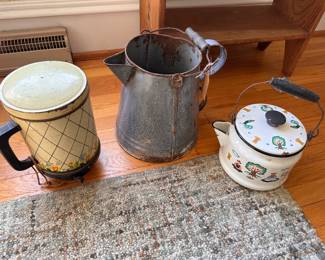 Vintage Extra Large Cowboy Coffee Granite Ware Coffee Pot White Enamel Tea Kettle with Countryside Images Vintage 1940s Aluminum Ground Coffee Dispenser - Crocus Tulip Pattern by Club Aluminum Products Co. Canister and Lid are Made of Aluminum Covered with Multi-colored Flowers, Gold Accent Lattice Work and a Pale Yellow Colored Background. Bottom and Handle are made of hard plastic