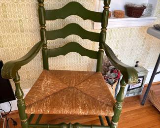 Sturdy Green Straight-Back Arm Chair with Wicker Seat and Gold Trim