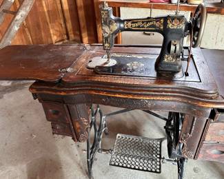 1908 White Family Rotary Sewing Machine and Cabinet - Drawers are Full of Attachments and Odds and Ends