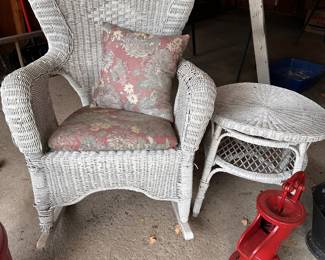 White Wicker Rocker and Wicker Side Table and Vintage Water Pump