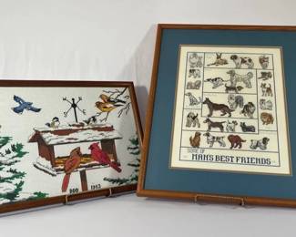 Framed Needlepoint Art Lot 3  Dog, Bird  Animal Samplers