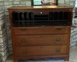 004 Vintage Maple Solid Wood Secretary Desk With Chest Of Drawers