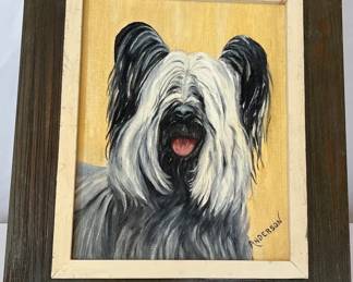 Signed Dog Portrait Painting  Framed Bearded Collie Style Artwork