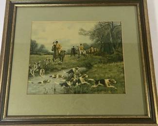 Framed Fox Hunt Print  Equestrian Horse  Hound Scene