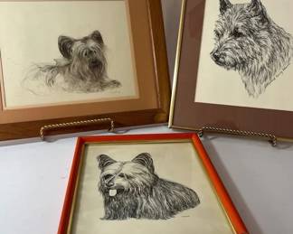 Framed Dog Artwork Lot  Terrier Sketch Prints, Signed