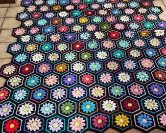 Vintage handmade crochet afghan throw blanket daisy hexagon