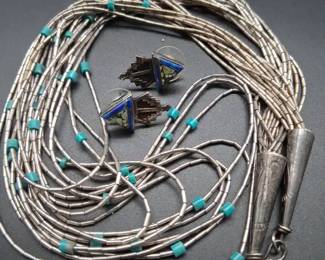 Southwest Multi Layered Stone Necklace And Stamped Stone Earings