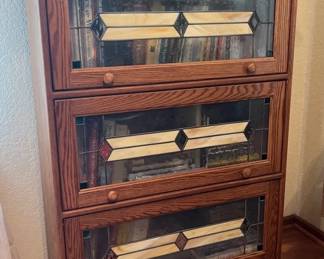 Oak Barrister Book Case With Beveled And Stain glass