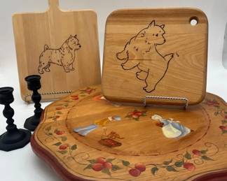 Cast Iron Taper Candle Holders, Wooden Hand Painted Lazy Susan And Cutting Boards