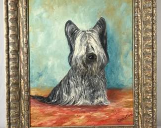 Signed Terrier Dog Painting  Framed Original Art w Ornate Frame