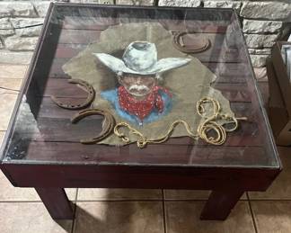 Signed Artist Cowboy Hand Painting on Hide  Vintage Table