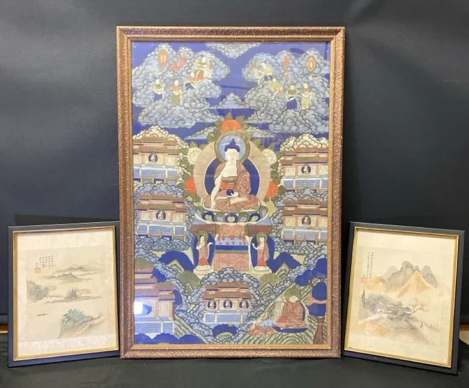  01 Antique Framed 19th Century Tibetan Thangka Painting And Two Chinese Style Ink  Watercolor Painti