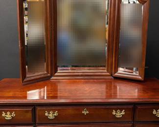 Sumter Cherry Wood Ten Drawer Dresser With Three Way Beveled Mirror