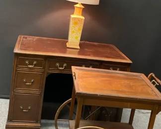 Vintage Wood Desk, Tea Serving Cart And Yellow And White Ceramic Light