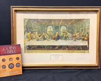 Vintage Framed Print The Last Supper By Leonardo da Vinci With Coins Of The Bible