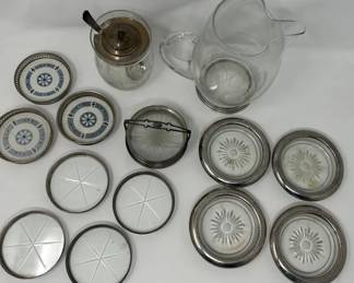 Vintage Sterling Silver Cocktail Pitcher, Jam Jar Dish ,etched Glass Coasters , Sets