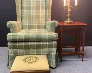 Green Plaid Wingback Arm Chair On Casters, Vintage Needle Point Wood Stool, Foldable Side table Lamp
