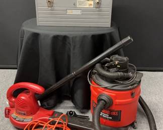 Craftsman Metal Tool Box With Tools, Genie Shop Vac, Troy Bilt Blower And Extension Cords