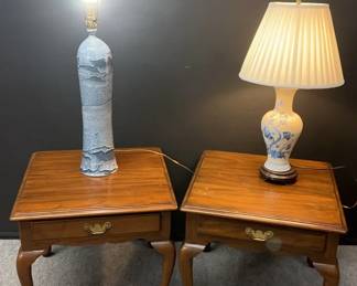 Pair Of HenkelHarris, Mahogany Wood Side Table With Ceramic Lamps