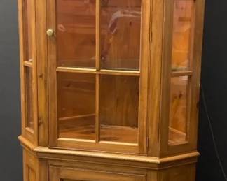 Wood Corner Cabinet With Light And glass shelves, No Maker Found