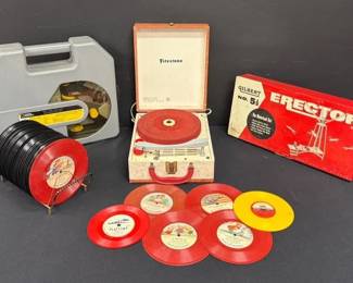 Gilbert Erector Set, Firestone Record Player With Assorted 45s And National Geographic Die Cast Mice