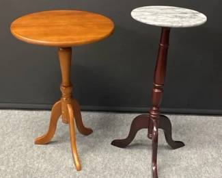 Vintage Wood Pedestal Tables, Marble Top