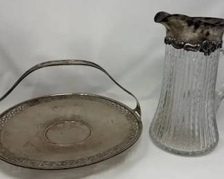 Gorham Sterling Silver Cut Glass Serving Pitcher  Sterling Silver Handled Serving Tray